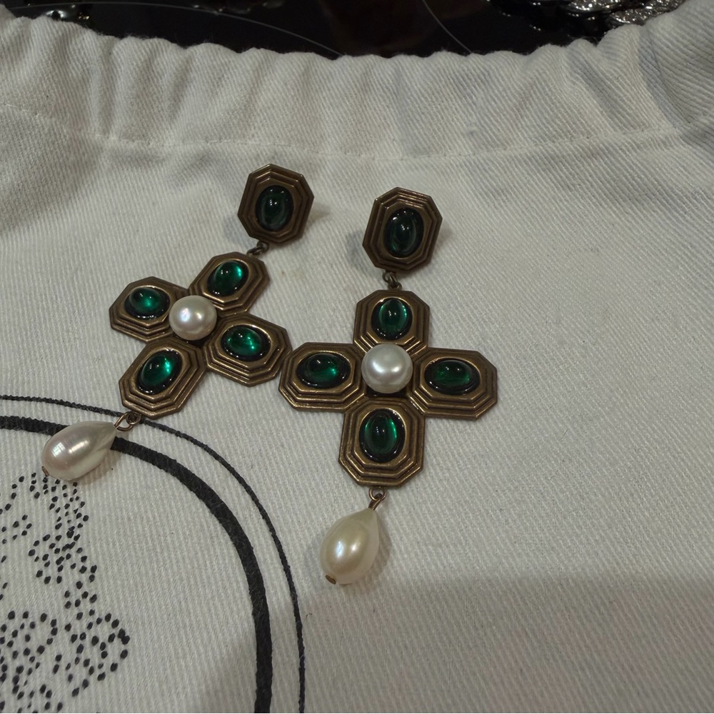Vintage Emerald Cross Drop Earrings with Pearl Accents